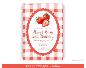 Plantilla de invitación de primer cumpleaños con temática de fresas, invitación de primer cumpleaños con fresas, invitación editable en Canva, fiesta de cumpleaños con temática de fresas