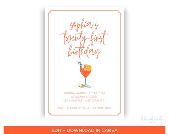 Invitación minimalista para cumpleaños número 21, plantilla editable para cóctel (descarga digital)