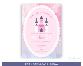 Plantilla de invitación de cumpleaños de princesa, invitación editable en Canva, invitación de fiesta de castillo rosa y morado, cumpleaños de princesa de cuento de hadas