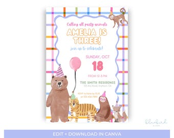 Plantilla de invitación de cumpleaños con temática de animales de fiesta / Invitación colorida de animales arcoíris / Fiesta de cumpleaños infantil brillante / Plantilla digital editable