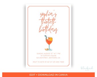 Plantilla de invitación para el 30 cumpleaños, invitación para fiesta de Aperol Spritz, naranja minimalista (descarga digital)
