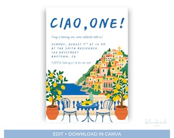 Plantilla de invitación de cumpleaños Ciao One / Invitación de primer cumpleaños en Italia / Cumpleaños en la Costa Amalfitana / Canva editable / Invitación para fiesta de limones