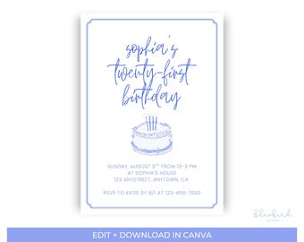 Invitación minimalista para 21 cumpleaños, invitación editable para 21 cumpleaños, plantilla imprimible para fiesta de 21 cumpleaños.