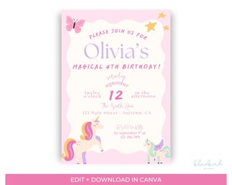 Plantilla editable de invitación de cumpleaños de unicornio, invitación mágica para fiesta, descarga instantánea, invitación femenina