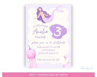 Plantilla editable de invitación de cumpleaños de sirena, invitación para fiesta de niñas con temática marina, descarga instantánea en Canva.