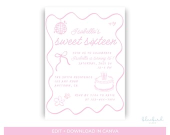 Plantilla de invitación de cumpleaños de 16 años, invitación rosa femenina para fiesta de quinceañera, invitación editable en Canva, invitación para fiesta con lazo y bola de discoteca.