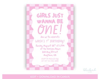 Plantilla de invitación de cumpleaños "Girls Just Wanna Be One", invitación rosa para el primer cumpleaños, invitación para la fiesta del primer cumpleaños, plantilla editable de Canva.