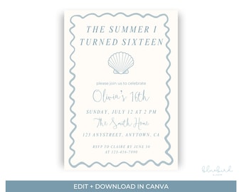 Plantilla de invitación de cumpleaños "Verano en el que cumplí años" / Invitación editable para fiesta de cumpleaños veraniega en la costa de Canva / Celebración playera estilo preppy