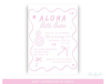 Plantilla de invitación de cumpleaños "Let's Luau", invitación editable para fiesta hawaiana en Canva, invitación de cumpleaños tropical rosa, descarga digital.
