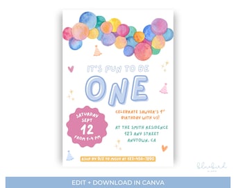 ¡Es divertido cumplir un año! Invitación de cumpleaños, invitación para el primer cumpleaños, invitación editable para el primer cumpleaños, invitación para la fiesta "Es divertido cumplir un año", plantilla de Canva.