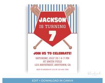 Invitación de cumpleaños con temática de béisbol vintage, plantilla editable de Canva (descarga digital)