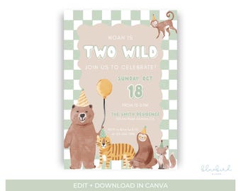 Plantilla de invitación de cumpleaños con temática de animales salvajes, invitación editable en Canva para el segundo cumpleaños, fiesta de animales de safari, invitación a cuadros, descarga digital.