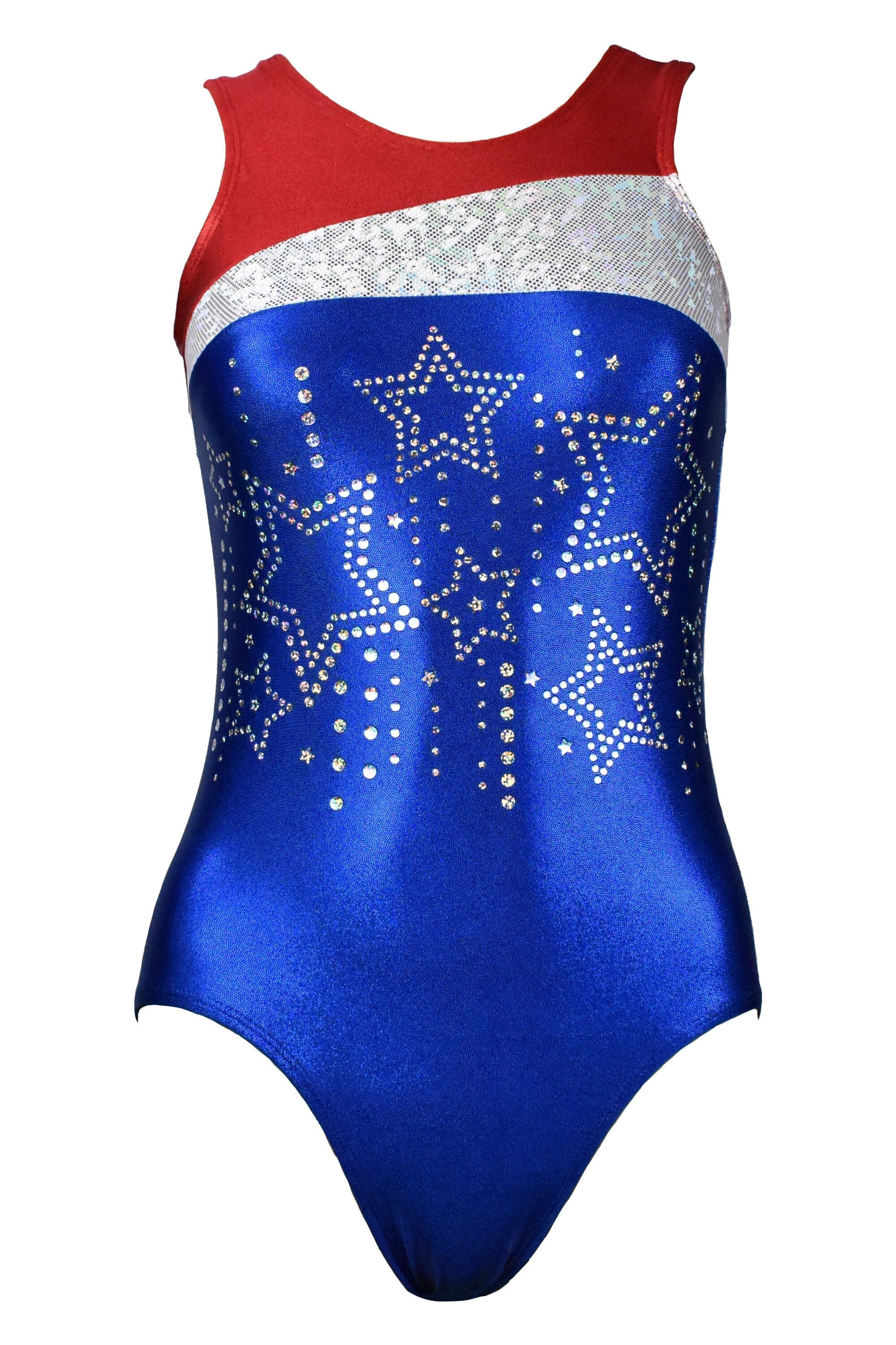 BAOHULU Girls Gymnastics Leotard - Patriotic Sparkle Red Blue Dancewear With Mesh Sleeves