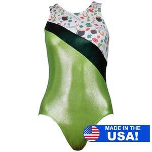 May include: Green and black leotard with a white and green print featuring shamrocks, gold coins, horseshoes, and the text "Lucky Charm".