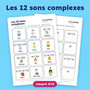 Op de afbeelding: Twee educatieve bladen getiteld Les 12 sons complexes met een raster van Franse klanken. Elk vakje toont een klankcombinatie, een bijbehorend woord en een kleine illustratie zoals een wolf, schaap, olifant, konijn, ster, kat, boot, vuur, baby, aardbei, berg en meisje.