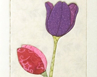 Lappendeken schilderij Roze en paarse tulpen