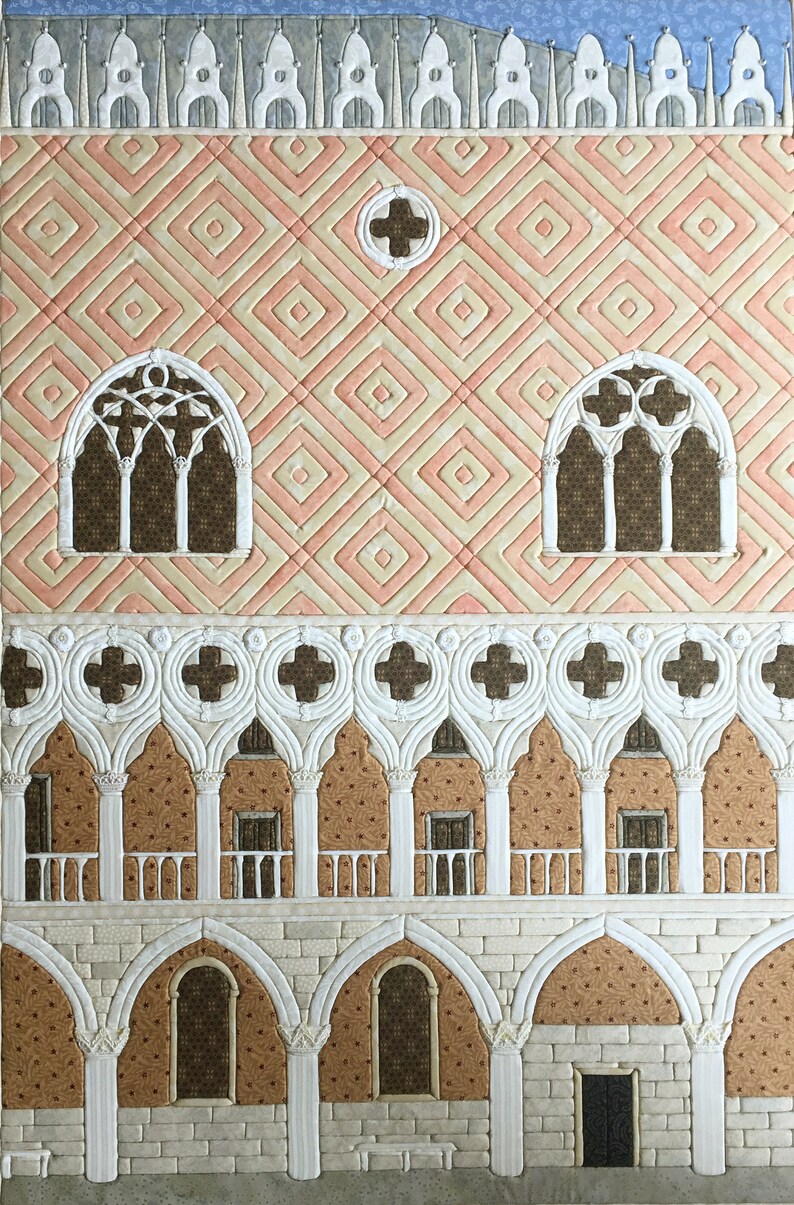 May include: A detailed illustration of a building with a pink and white diamond pattern, white arches, and white columns. The building has a series of windows with arched tops and brown frames.