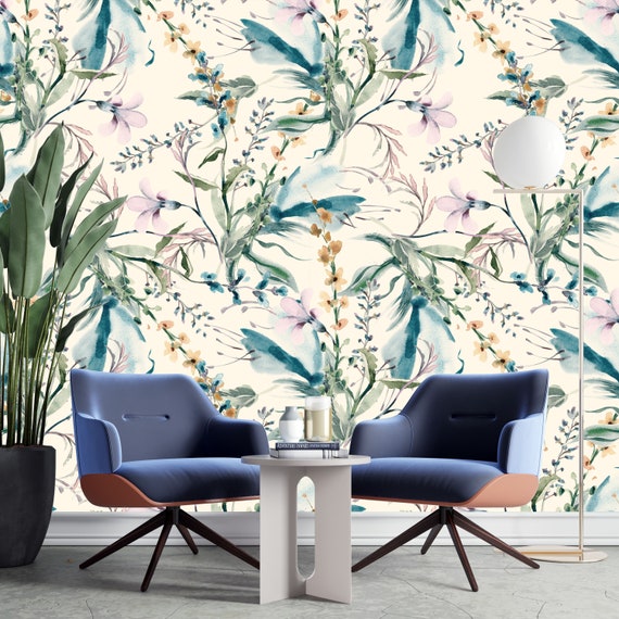 Flowers wall mural Tropical Patchwork removable wallpaper Watercolor wall decor Peel and stick MAF017 Reusable Removable