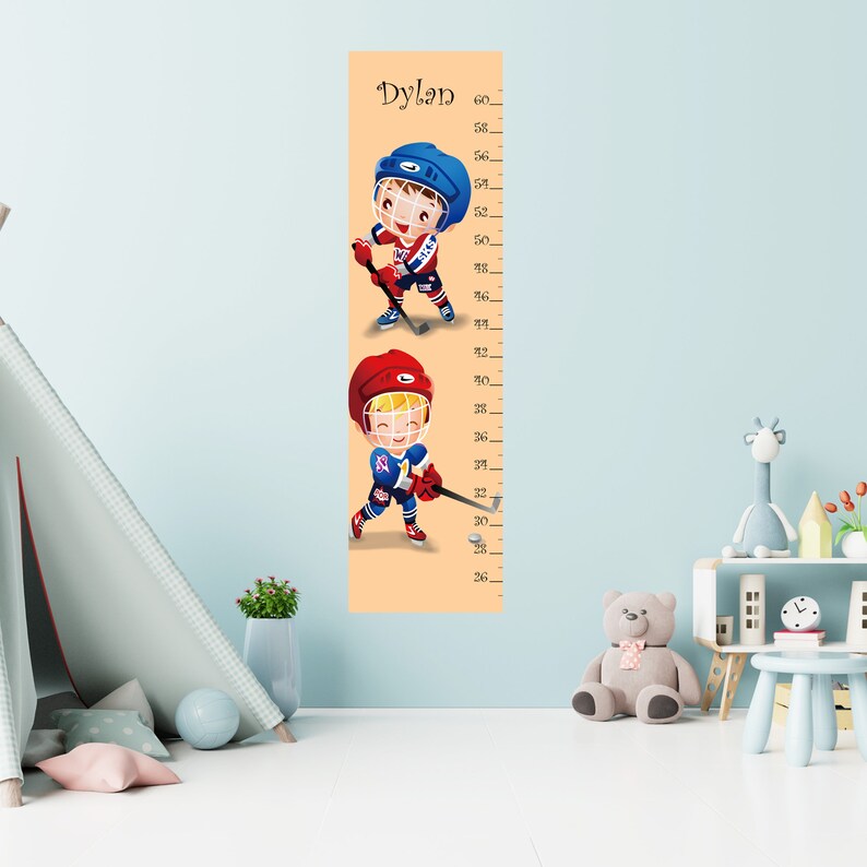 boys room first birthday gift Growth Chart canvas shower gift Height chart girls room customised name Hockey kids room decor