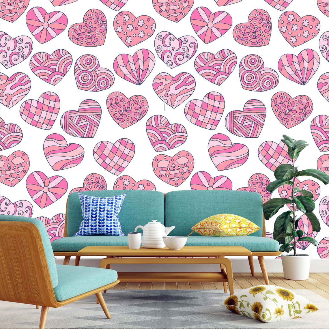 Heart pink heart peel and stick wall paper removable wall | Etsy