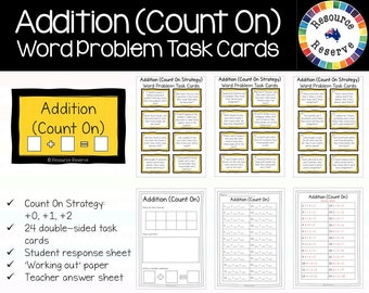 Addition (Count On Strategy +0, +1, +2): 24 Word Problem Task Cards [homeschool, distance learning, printable, PDF online digital resource]