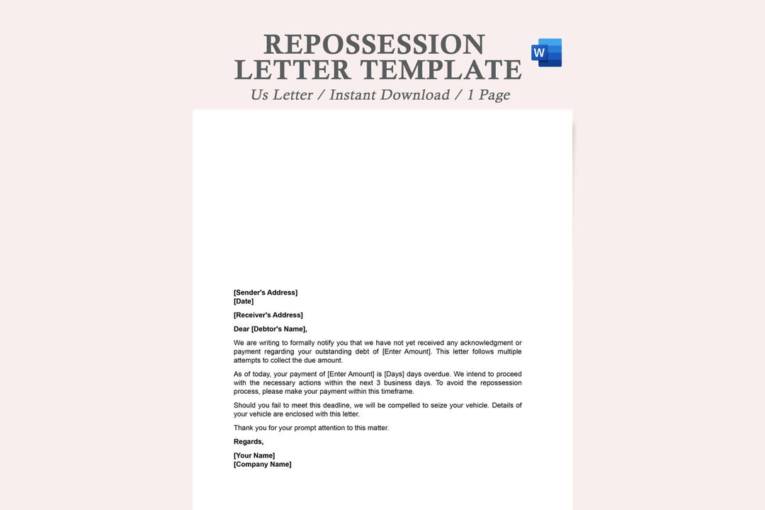 Repossession Letter Template,notice of Vehicle Repossession Letter ...