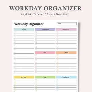 Pode incluir: Um organizador de dia de trabalho imprimível com seções para fazer, lembrete, projetos, chamada, e-mail, reunião, vencimento e acompanhamento. O organizador tem um esquema de cores azul claro, roxo, rosa, laranja, amarelo e verde.