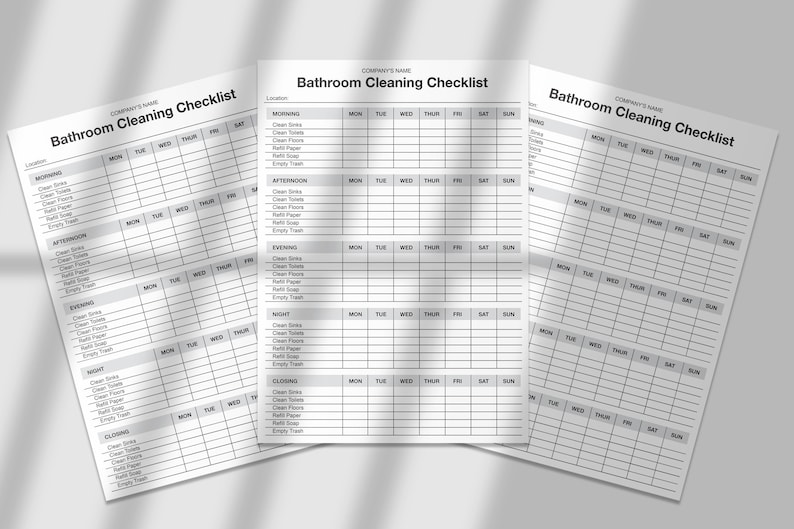May include: Three printed bathroom cleaning checklists. Each checklist is a grid with columns for days of the week and rows for cleaning tasks. The checklists are titled "Bathroom Cleaning Checklist" and include sections for morning, afternoon, evening, night, and closing.