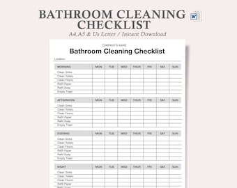 Puede incluir: Una lista de verificación de limpieza de baño imprimible con el título "Bathroom Cleaning Checklist". La lista se divide en secciones de mañana, tarde, noche y noche, con espacios para marcar tareas.