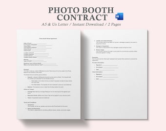 Puede incluir: Una plantilla de contrato de cabina de fotos de dos páginas en texto blanco y negro sobre un fondo blanco. El contrato incluye secciones para la fecha del evento, el número de personas anticipadas, la información de contacto del cliente, la ubicación del evento, el tipo de evento, los detalles de la cabina de fotos, el pago, los cargos adicionales, los términos y condiciones, el espacio y la colocación, y la ejecución.