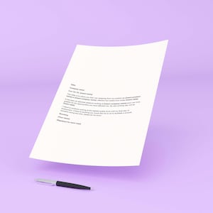 May include: A white sheet of paper with a written letter, and a black and silver pen on a light purple background. The letter is a formal document, likely a cover letter or business correspondence.