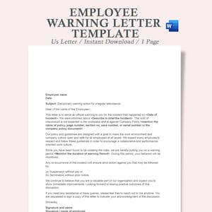 Könnte beinhalten: Eine schwarz-weiße druckbare Vorlage für ein Mitarbeiter-Warnbrief. Die Vorlage enthält einen Abschnitt für den Namen des Mitarbeiters, das Datum, den Betreff und einen formellen Warnbrief. Der Brief ist eine disziplinarische Warnmaßnahme für unregelmäßige Anwesenheit.