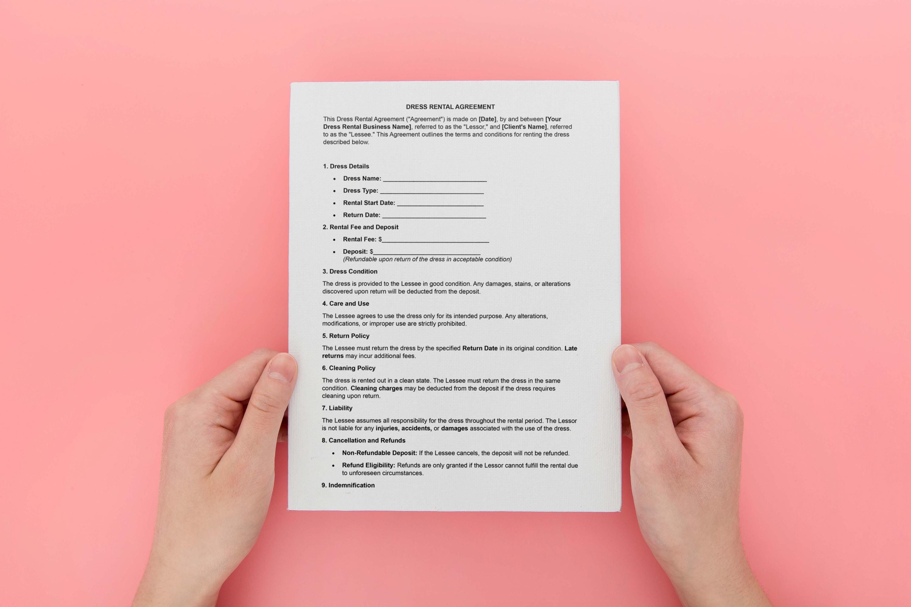 prom dress rental agreement Prom Dress Rental Agreement | Formal Gown Contract | Editable PDF