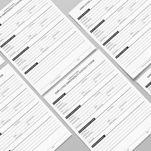 Pu&ograve; includere: Un modulo stampabile in bianco e nero intitolato "Modulo di contatto di emergenza del dipendente". Il modulo contiene campi per le informazioni di contatto, tra cui nome, indirizzo, numero di telefono e relazione con il dipendente.