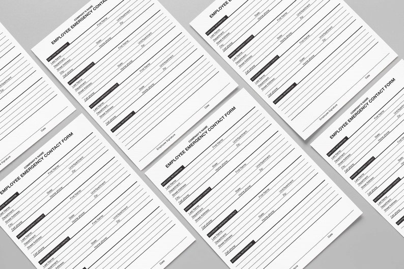 Pu&ograve; includere: Un modulo stampabile in bianco e nero intitolato "Modulo di contatto di emergenza del dipendente". Il modulo contiene campi per le informazioni di contatto, tra cui nome, indirizzo, numero di telefono e relazione con il dipendente.