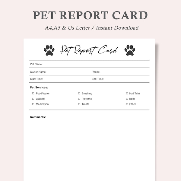 Pet Report Card,Pet Perfomence Card,Dog Report Card,Dog Training Log,Pet Traning Form,Doggy Daycare Form,A4,A5,Us Letter