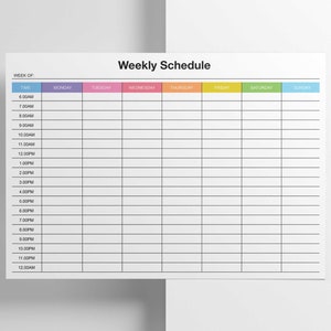 May include: A blank weekly schedule template with a colorful header for each day of the week. The days of the week are Monday, Tuesday, Wednesday, Thursday, Friday, Saturday, and Sunday. The time slots are from 6:00 AM to 12:00 AM.
