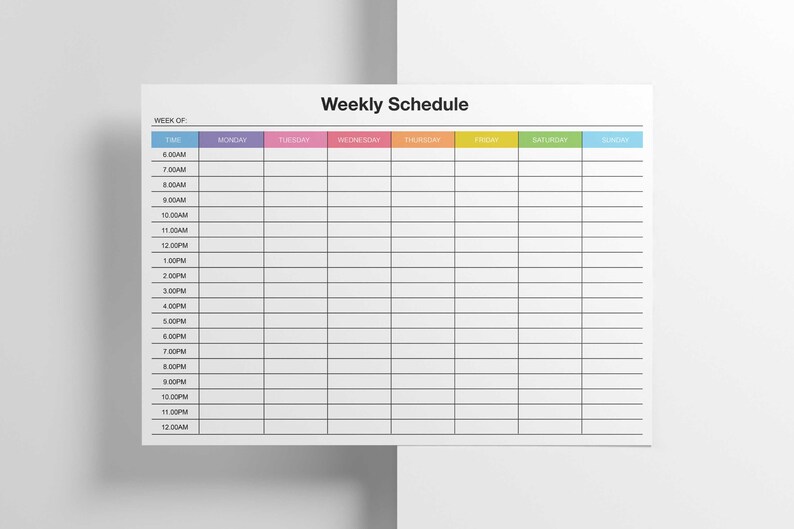 May include: A blank weekly schedule template with a colorful header for each day of the week. The days of the week are Monday, Tuesday, Wednesday, Thursday, Friday, Saturday, and Sunday. The time slots are from 6:00 AM to 12:00 AM.