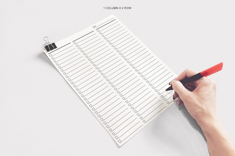 May include: A white checklist with two columns and 40 rows. Each row has a checkbox and a blank line for writing. The checklist is held by a binder clip and a hand is writing on the checklist with a red and black pen.