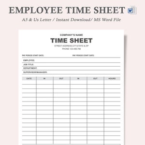 Può includere: Un modello di foglio presenze stampabile in bianco e nero per tenere traccia delle ore dei dipendenti. Il modello include campi per il nome del dipendente, il titolo del lavoro, il reparto, il supervisore, la data di inizio del periodo di pagamento, la data, l'ingresso, l'uscita e le ore.