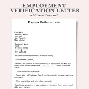 May include: A black and white printable template for an employment verification letter. The template includes fields for the employer's name, company name, address, city, state, zip code, date of letter, recipient's name, title, company name, address, city, state, zip code, employee name, and the employee's job title, salary, and work schedule.