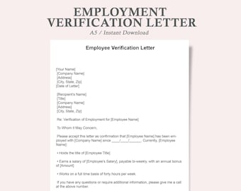 Puede incluir: Una plantilla de carta de verificación de empleo imprimible en blanco y negro. La plantilla incluye campos para el nombre del empleador, el nombre de la empresa, la dirección, la ciudad, el estado, el código postal, la fecha de la carta, el nombre del destinatario, el cargo, el nombre de la empresa, la dirección, la ciudad, el estado, el código postal, el nombre del empleado y el puesto, el salario y el horario de trabajo del empleado.
