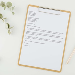 May include: A resignation letter on a clipboard with a gold pen. The letter is written on white paper with a brown border. The letter includes the subject line "Letter of Resignation".