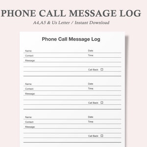 Phone Call Message Log,Voicemail Tracker,Phone Message Log,Printable phone log,Phone Call Log,Message Planner,Telephone log,A4,A5,Us Letter