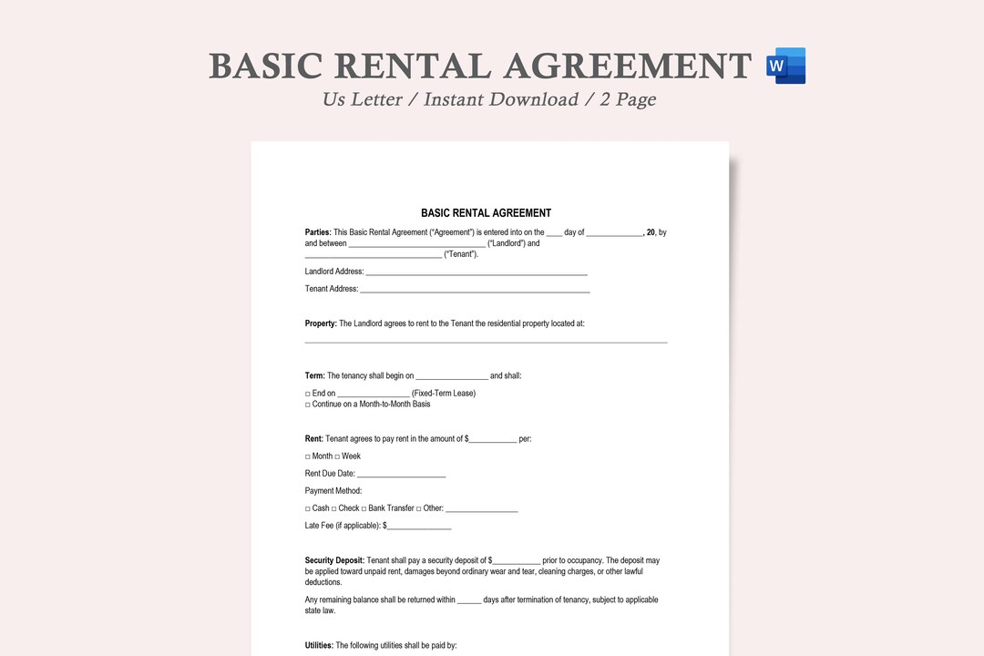 Buy Basic Rental Agreement Template, Editable MS Word Residential Lease ...