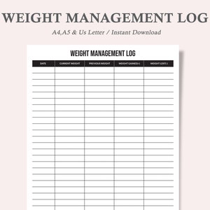 Weight Management Log,Weight Loss Tracker,Diet Log,Weight Log Chart,Workout Log,Weight Tracker,Printable Weight Log,A4,A5,Us Letter