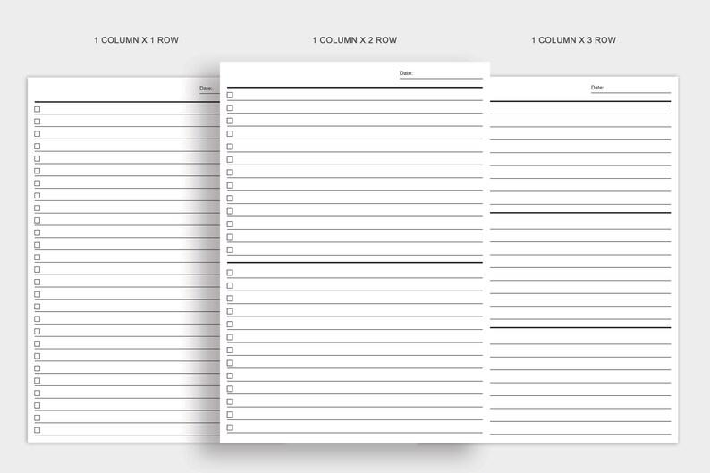May include: A printable checklist template with three columns, each labeled with a different number of rows: 1 column x 1 row, 1 column x 2 rows, and 1 column x 3 rows. Each column has a space for a date and a series of checkboxes with lines for writing.