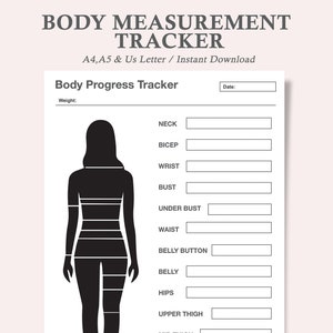 Puede incluir: Un rastreador de medidas corporales imprimible con una silueta de una persona y líneas para registrar medidas de cuello, bíceps, muñeca, busto, debajo del busto, cintura, ombligo, vientre, caderas, muslo superior y muslo inferior. El rastreador incluye un espacio para la fecha y el peso.