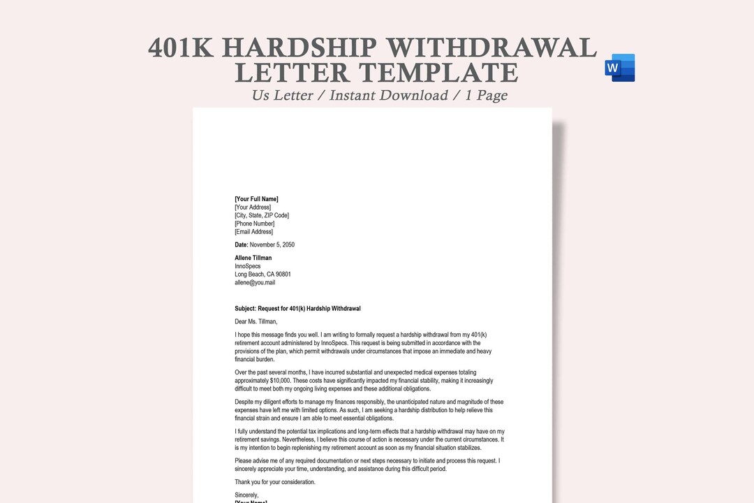 Example 401k Hardship Withdrawal Letter,401k Hardship Withdrawal
