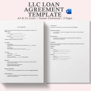 May include: A black and white printable LLC Loan Agreement Template in a Word document format. The template is for a loan agreement between a lender and a borrower. The template includes sections for the loan details, repayment schedule, collateral, and default.